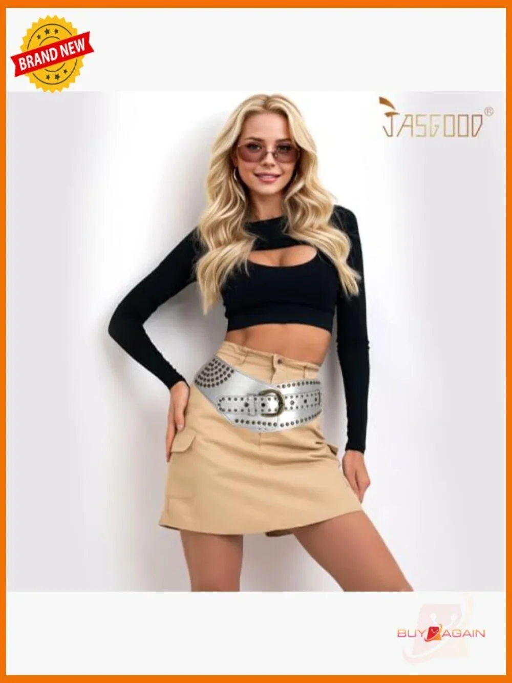 Vintage Wide Elastic Studded Belt with Rivets Metal Buckle - Stretchy Waist